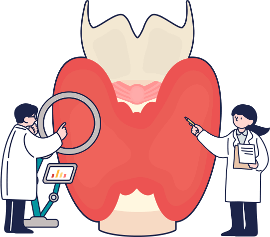 갑상선을 돋보기로 관찰하며 의견을 나누는 의사 두명을 그린 일러스트